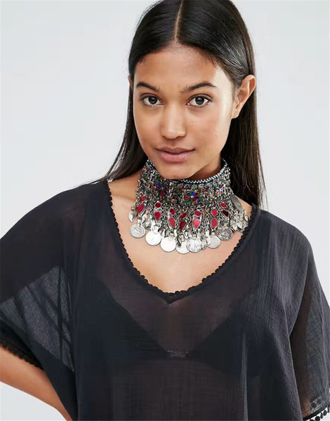 idealway Bohemian Jewelry Black Red Enamel Retro Silver Plated Collar Bib Choker Coins Tassels Statement Necklace