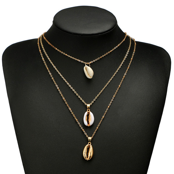 Necklace Luxury Geometric Shell Conch Inlaid With Gold Ball Three-layer Pendant Clavicle Chain Necklaces Women Chokers