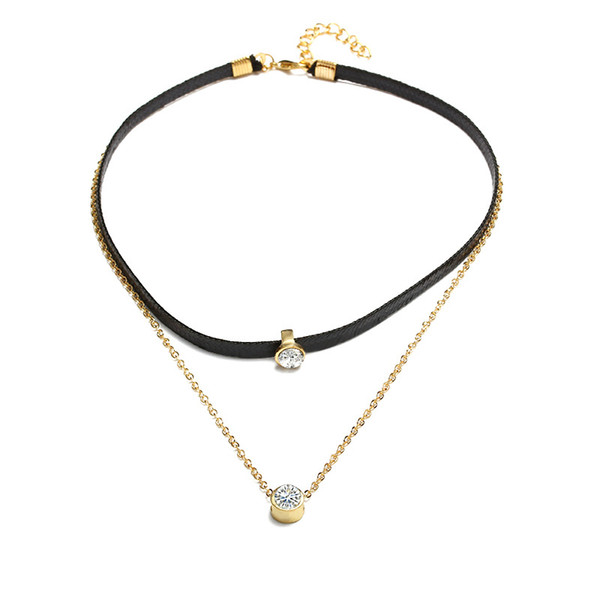 Women Trendy Zircon Chokers Necklaces Double Black Leather Rope Chian Alloy Neck Gold Chain Necklace For Girls Fashion Jewelry