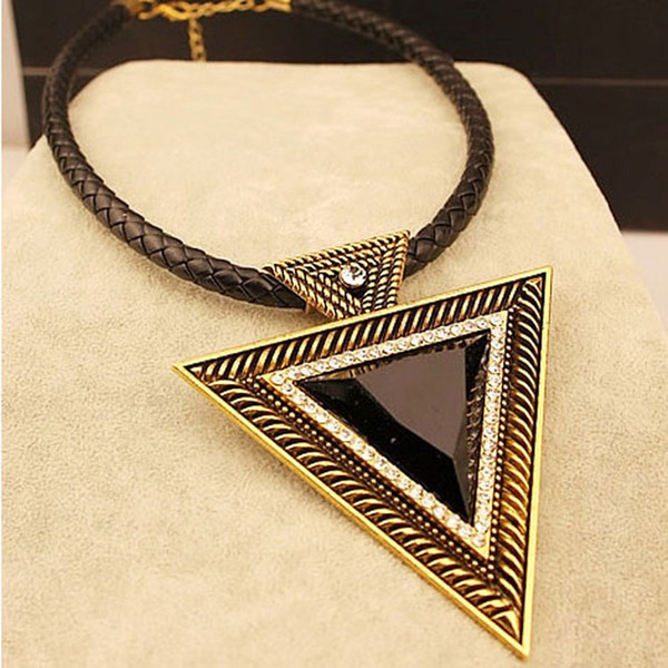 New Gold Black Rhinestone Pendant Necklace Women Hyperbole Triangle Choker Necklaces Sweater Leather Chain Fashion Jewlery