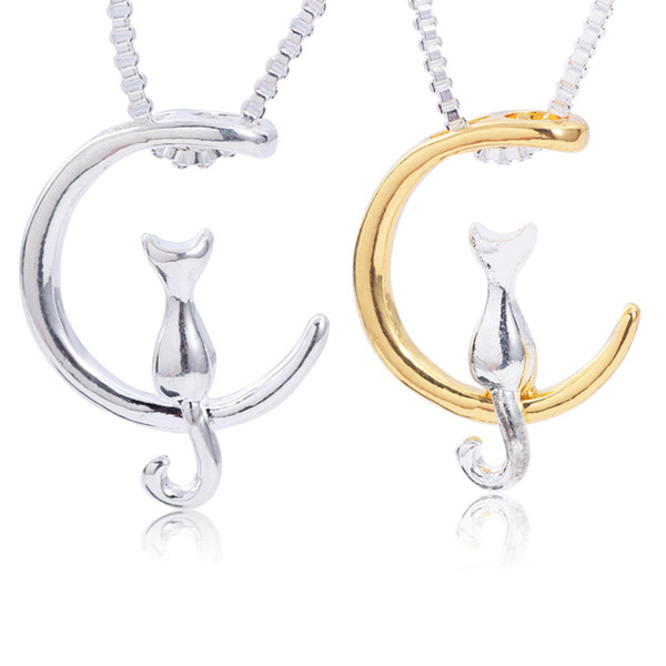 Silver Gold Cat Moon Necklace Kitty Pendants Fashion Jewelry Gift for Women Kids Will and Sandy Drop Ship 380085