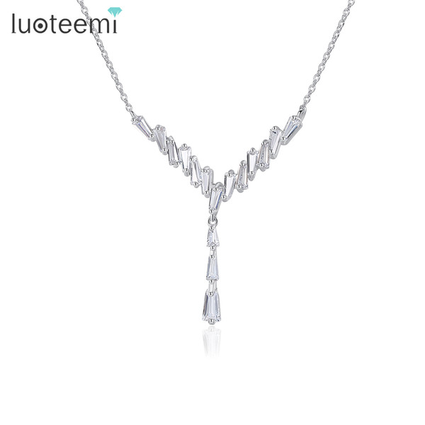 LUOTEEMI Silver Color Geometric Luxury Clear Crystal Cubic Zircon Stone Choker Bridal Necklace For Women Wedding Jewelry Collar