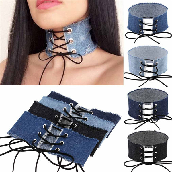 Lace up Denim Choker Necklace Collar Necklaces Torque Tattoo Chokers for Women Girls Fashion Jewelry Valentine Gift DROP SHIP 16184