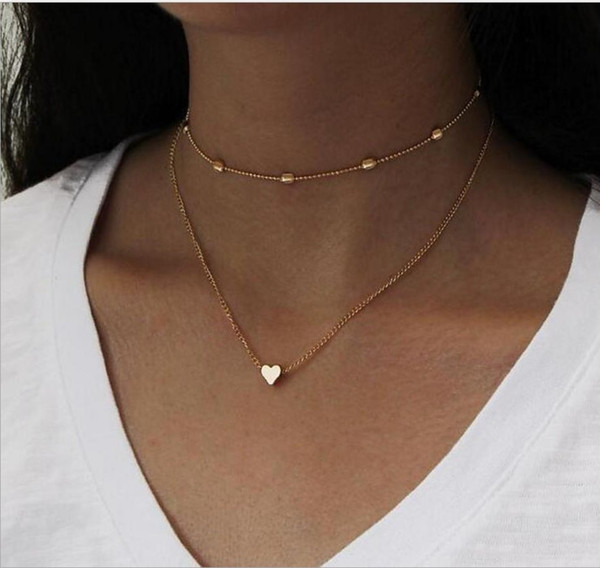 Two layer fashion Necklace Bead choker chain with O chain through heart Silver and gold plated