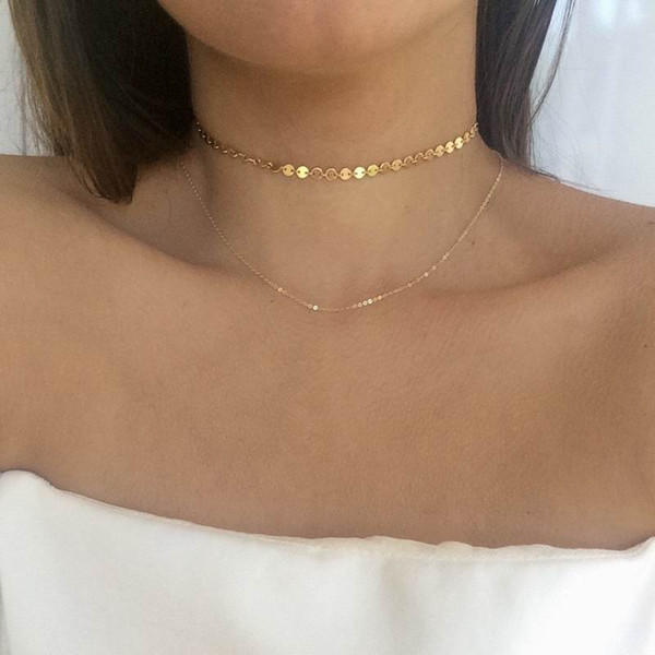 Gothic Unique 2 Layered Necklace Gold With Dainty Disc Choker Necklace Set For Women Gold Color Chain Collar