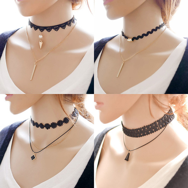 Hot Sale Multi-Layer Tattoo Choker Necklace Charm Long Tassel Adjustable Pendants Necklaces for Women Black Lace Chokers