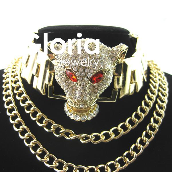 Wholesale-2015 Luxury Retro Crystal Leopard head necklace Chain Necklace Jewelry Statement Necklace Women Jewelry High Quality Wholesale