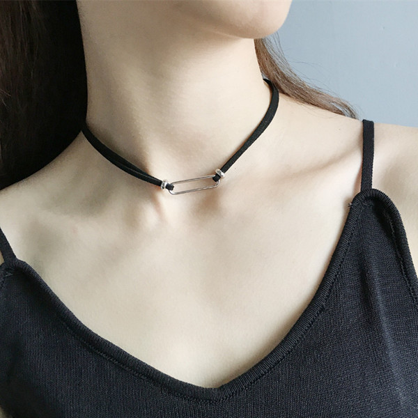 wholesale imported leather 925 sterling silver geometric metal box set chain necklace short choker for women jewelry