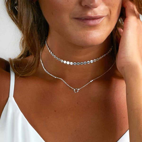 TOMTOSH 2018 Fashion Dainty Gold/Silver Sequins Choker Little Charm Pendant Two Layers Choker Necklace for Women