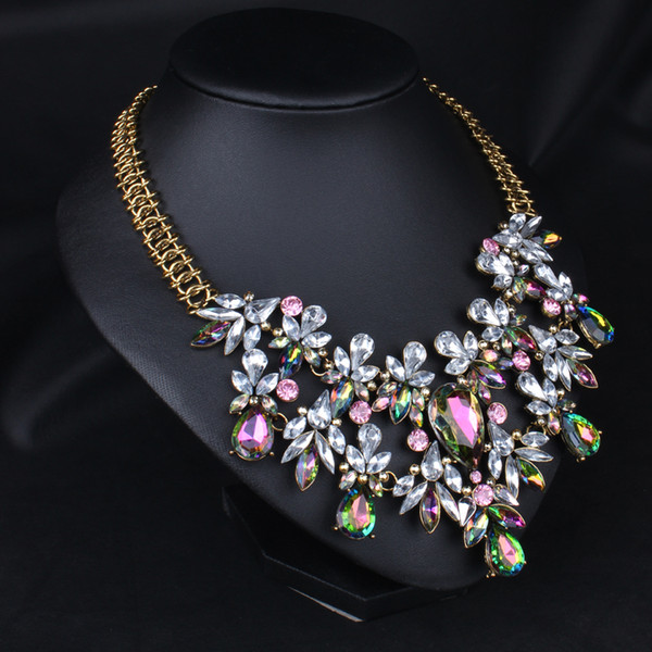 Fashion Trendy Luxury Chunky Colorful Crystal Flower Statement Necklace Choker High Quality Floral Jewelry For Women Wholesale 5Pcs