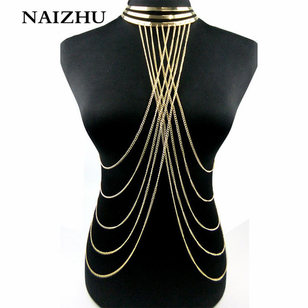 2017 Gold Color Necklace Women Punk style Collar Choker necklace Multilayers tassel Hollow out body women