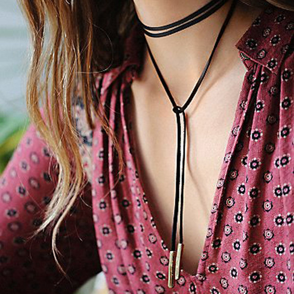 New Arrival Fashion Charm Bohemia Sexy Black Leather Choker Necklace Jewelry Long Tassel Adjustable Pendants Necklaces Black Chokers 80S 90S