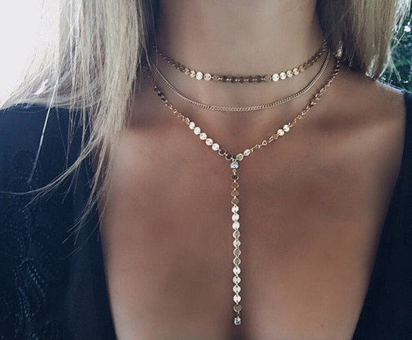 Multi-Layer Round Sequin Choker Necklaces Silver Gold Color Lariat Necklace Double Sequin Wrap Coin Choker Necklace Women Boho Jewelry