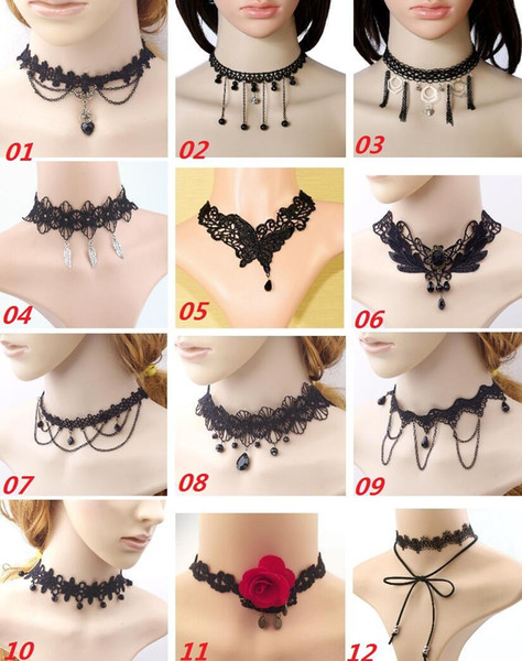 New 12 Designs Handmade Retro Short Gothic Steampunk Lace Flower Choker Necklace Fashion Collar Necklace Women Jewelry Statement Necklaces