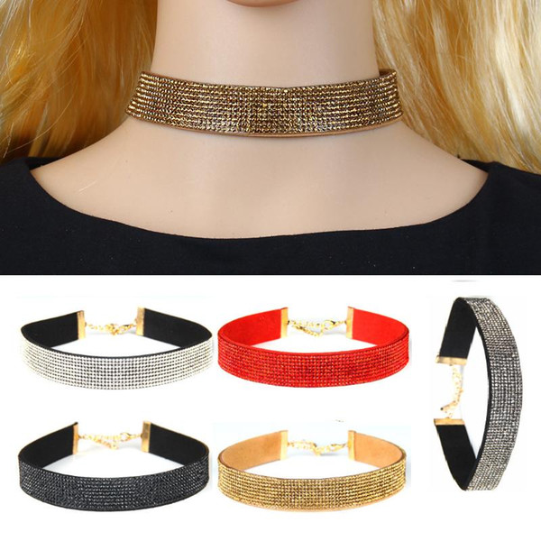 Rhinestones Velvet Leather Choker Necklace Flannelette Collar Neck Short Chain Clavicle Necklace Women Vintage Jewelry Rope Chain Necklaces