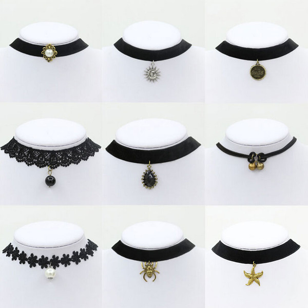 Gothic Black Lace Retro Choker Necklace bell starfish Pendant Fashion Chokers Collar Necklace for Women Cheap Jewelry 24 Style