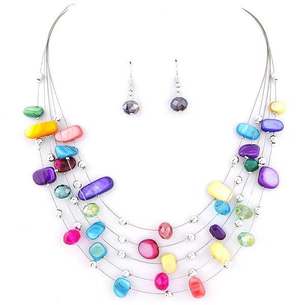 Stylish Women Multilayered Shell Crystal Beads Chain Choker Statement Necklace Hook Dangle Earrings Jewelry Sets