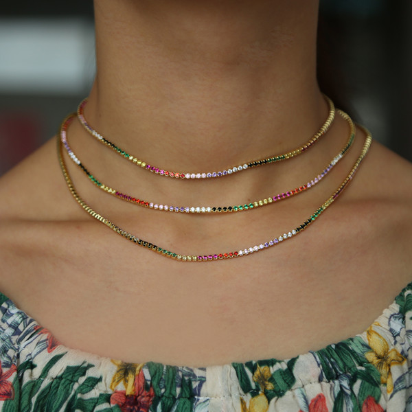 High quality sparking rainbow tennis chain chocker necklace with AAA+ CZ fashion personality women collar jewellery bijoux femme