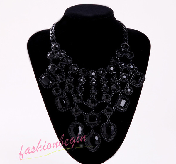 2014 New Lady gentle teardrop choker big bib statement Luxury black crystal woman necklace collar hot