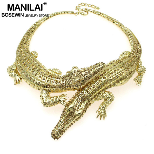 MANILAI Baroque Big Crocodile Necklaces Inlay Full Rhinestones Women Big Choker Statement Jewelry Bib Collar Maxi Necklaces 3983