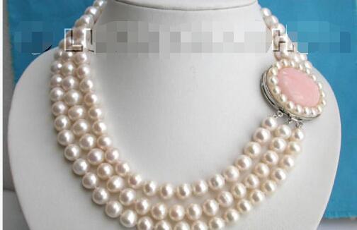 10mm 3row round white freshwater pearls necklace jade