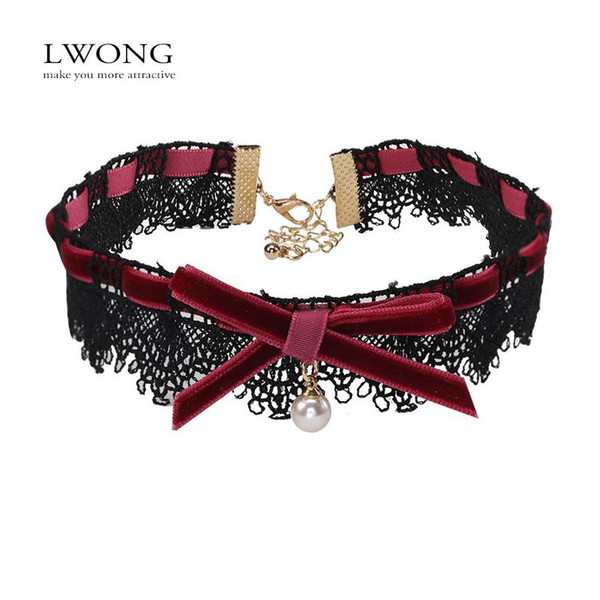 whole saleLWONG Delicate Bow Black Lace Choker With Drop Imitation Pearl Fashion Jewelry Bow Velvet Chokers Necklaces for Women Sautoir