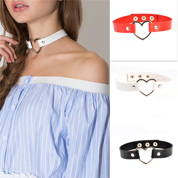 2017 Punk Lady Women Gothic Rock PU Leather Heart Choker Necklaces Harajuku Chain Spike Rivet Buckle Collar Necklaces Wholesale