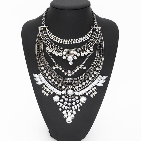 High-grade Multilayer Rhinestone Jewelry statement bib choker Necklace with Pendant