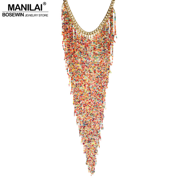 Manilai Bohemian Style Design Women Fashion Charm Jewelry Resin Bead Handmade Long Tassel Statement Link Chain Choker Necklace