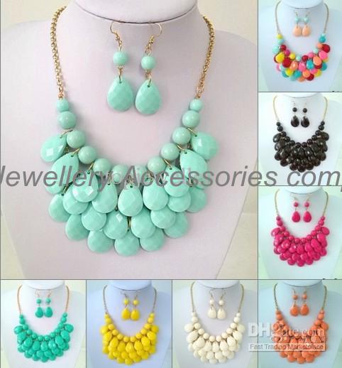 6sets(necklaces and earrings) Bubble Bib Statement Necklaces Choker Colorfull Resin Bead Necklaces For Ladies