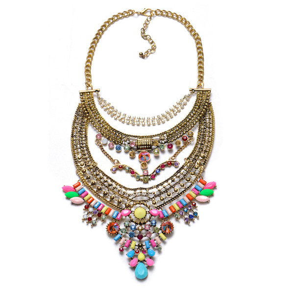 Women Bohemian Festival Jewelry Double Chain Statement Necklace Punk Rock Style Necklaces Indian Ethnic Necklace 8 Colors