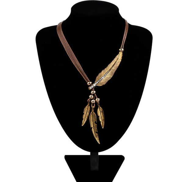 2018 Wholesale Jewelry Necklace Alloy Feather Statement Necklaces Pendants Vintage Rope Chain Necklace Women Accessories 3 Color