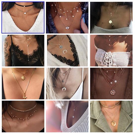 New fashion trendy jewelry copper choker multi layer necklace gift for women Boho Layering Chokers Chockers girl ALXY06