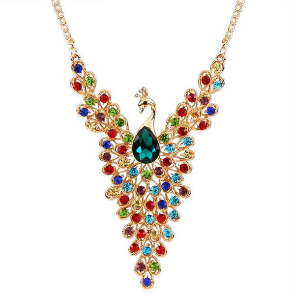 2017 new Luxury Gold Color Peacock Design Multicolor Created Diamond Necklace for Wedding Women Wholesale free shipping