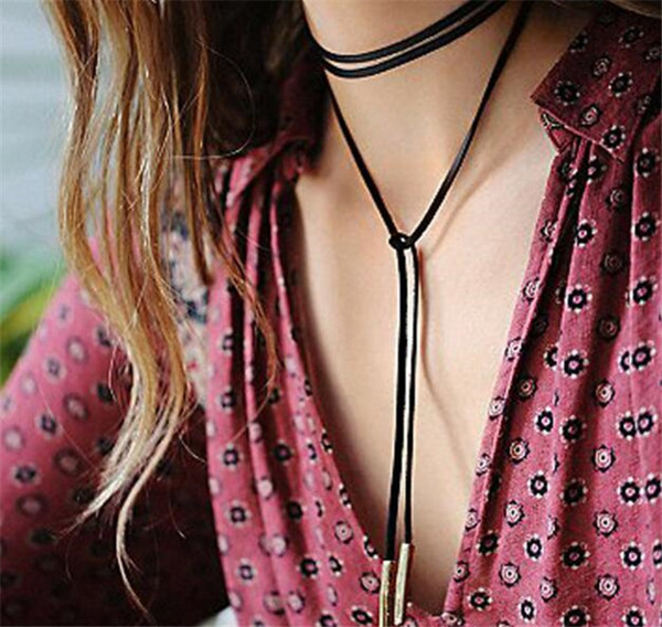 Fashion Charm Bohemia Sexy Black Leather Choker Necklace Jewelry Long Tassel Adjustable Pendants Necklaces Black Chokers A108