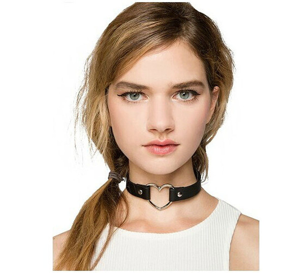 2017 Punk Lady Women Gothic Rock PU Leather Heart Choker Necklaces Harajuku Chain Spike Rivet Buckle Collar Necklaces Wholesale