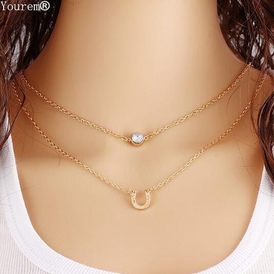 simple vintage crystal horseshoe dot pendant necklace multi-layer short necklaces for women gold color wj038