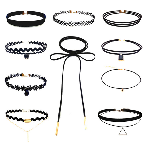 Necklace Fashion Vintage Stretch Pearl Velvet Choker 10pcs/set Women Rope Leather Chain Tube Necklaces Pendants Burlesque Cosplay Jewelly