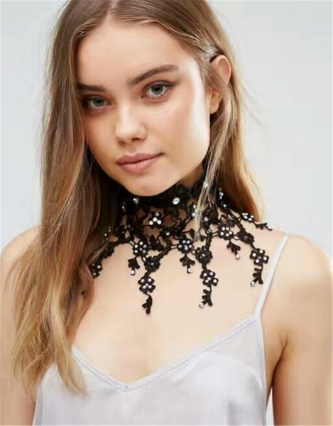 idealway Fashion Black Lace Flower Shape Tassel Choker Necklaces Red Clear Crystal Collar Bib Necklace