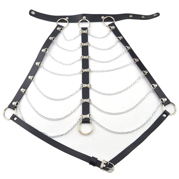 Sexy Women Black Brown Leather Bondage Straps Bra Body Harness Belt Silver Chain Body Jewelry