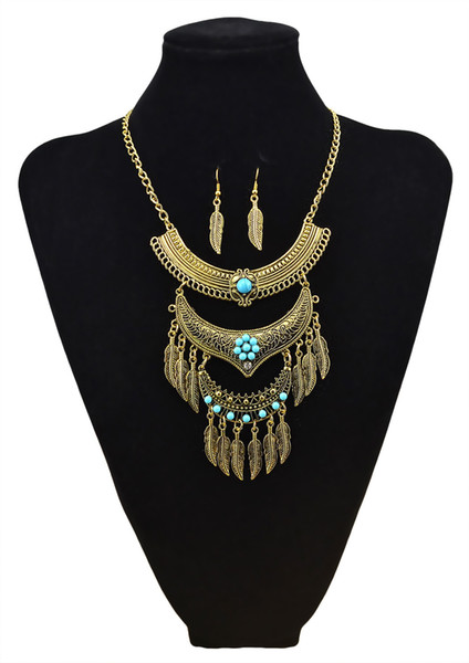 Bohemian Vintage Jewelry Gold Silver Plated Carving Flower Turquoise Bead Leaf Tassel Pendant Necklace Earrings Set for Women