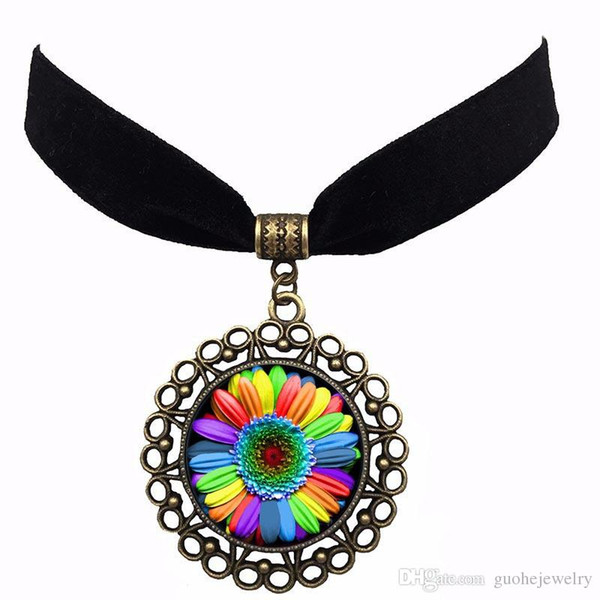 Popular women chokers necklaces Vintage Gay Rainbow Velvet necklace Round Time Gemstone Pendant Necklace free shipping