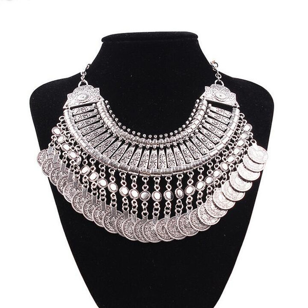 Top Grade Bib chokers Necklace Gypsy Bohemian Beachy Chic Silver Coin Statement Necklaces Boho Fringe Ethnic Turkish India Tribal Free 0251W