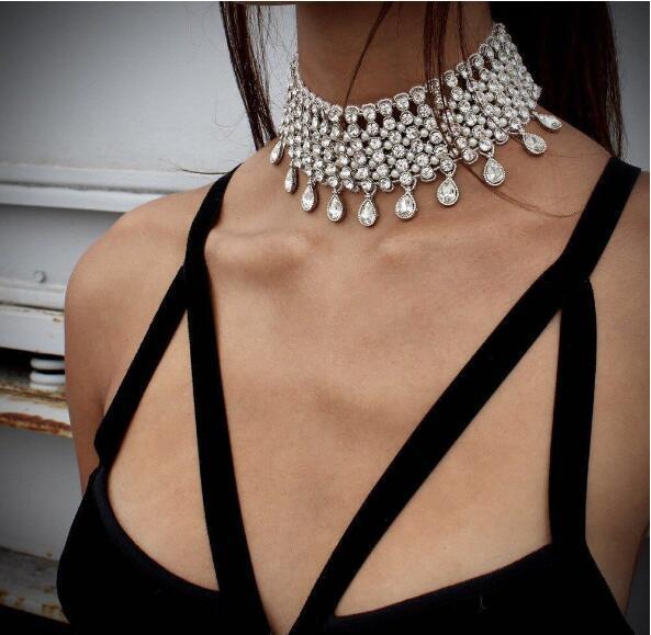 Silver Gold Chain Rhinestone Tassel choker statement necklaces for women big Fashion necklace Sexy Collar Chunky Necklace Collar