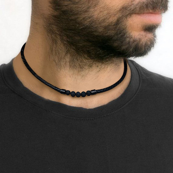 Men's Lava Rock Braided Leather Choker Necklace Men Boho Hippie Jewelry Oil Diffuser Surf Necklaces in Black