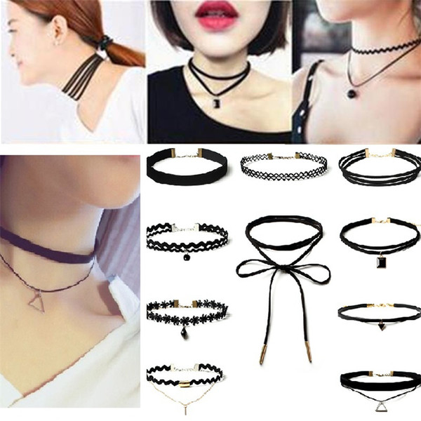 10pcs/Set Fashion Chokers Necklace For Women Sexy Black Stretch Lace Velvet Gothic Punk Tattoo Necklaces minimalist Jewelry CollarNecklace