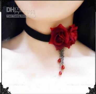 gothic necklace black lace black and red color two rose crystal tassels cosplay vampire chokers neck