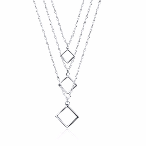 Silver Plated Simple Square Multilayer Necklaces & Pendants For Women Girl Hypoallergenic Silver 925 Jewelry femme