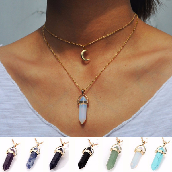 Vintage 2 Layer Color Natural Stone Pendants Choker Necklaces Gold Color Moon Necklace For Women Jewelry Collier KKA1107