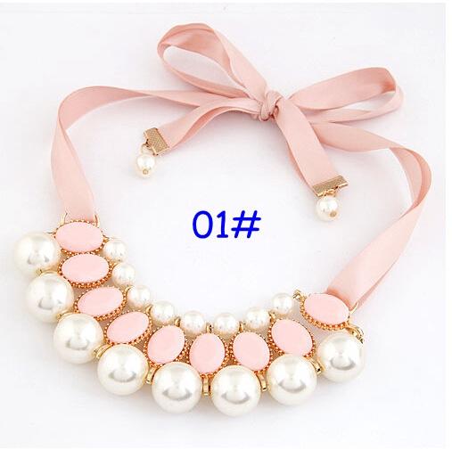 2016 New Christmas Gift Summer Sweet Lady Girl Pearl Pink Ribbon Chunky Collar Statement Choker Necklace Bib 7style choose free ship